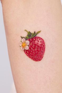 Strawberry Bunny Tattoo, Strawberry Wrist Tattoo, Sweet Tart Tattoo, Strawberry Tattoo Ideas, Tattoos Strawberry, Minimalist Tattoo Strawberry, Strawberry And Blueberry Tattoo, Strawberry Shortcake Tattoo, Strawberry Tattoos