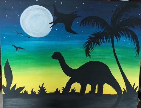 Paint A Dinosaur, Dinosaur Silhouette Art, Dino Painting Ideas On Canvas, Prehistoric Art Projects, Dino Canvas Painting, Painting Ideas Dinosaur, Dino Painting Easy, Dinosaur Painting Ideas, Dinosaur Painting Easy