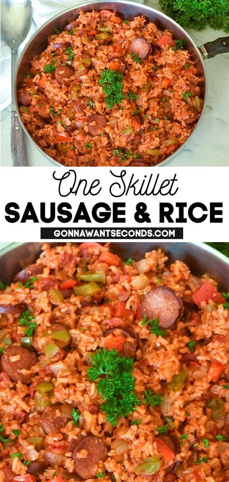 *NEW* The whole family will love this sausage and rice! Fluffy rice, rich tomato sauce, and your favorite sausage come together in a 55-minute Cajun-spiced dinner. #onepotmeal #rice #easydinner #weeknightmeal #easyrecipes #sausageandrice Polish Sausage And Rice Recipes, Italian Sausage And Rice Recipes, Sausage And Rice Recipes, Sausage And Rice, Comforting Meals, Sausage Rice, Fluffy Rice, Smoked Food, Savory Meals