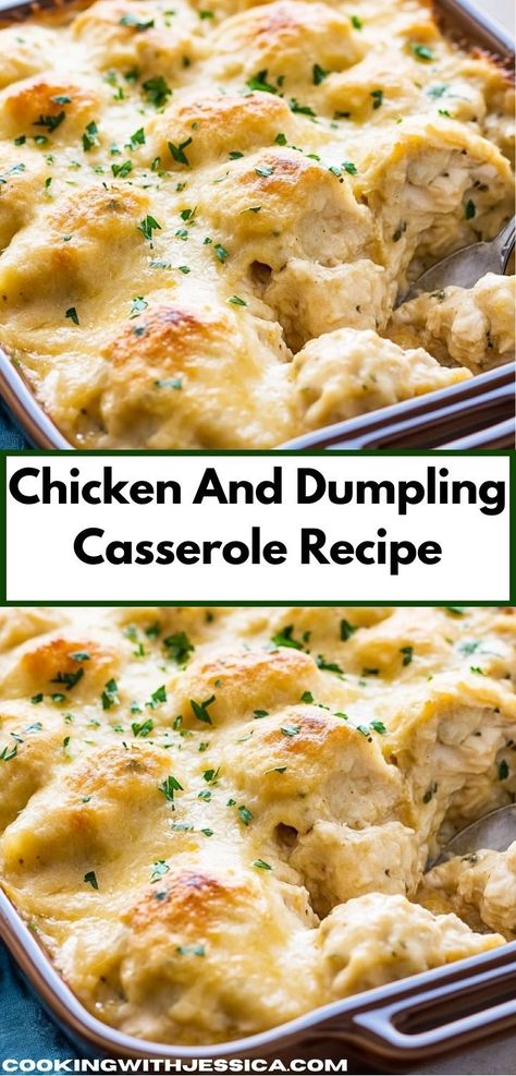 Searching for a cozy dish to share? This Chicken and Dumpling Casserole is packed with flavor and brings everyone together at the table. It's a delightful option for family dinners or gatherings, sure to please. Chicken And Dumpling Casserole, Dumpling Casserole, Chicken Dumpling Casserole, Creamy Chicken And Dumplings, Fluffy Dumplings, Chicken Dumpling, Yummy Casserole Recipes, Hearty Chicken, Hearty Casseroles