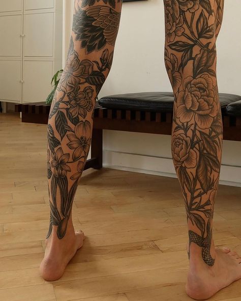 Cheyenne Audrey | Magnolia and orchid half-leg sleeve made this year on the left, all fully healed and settled. Peony leg also by me on the right, started... | Instagram Arm And Leg Sleeve Tattoo, Half Leg Sleeve Tattoo Calf, Ornamental Leg Sleeve, Top Of Foot Tattoos For Women, Floral Leg Sleeve, Patchwork Leg Sleeve Tattoo, Traditional Tattoo Leg Sleeve, Full Leg Sleeve, Lower Leg Tattoos