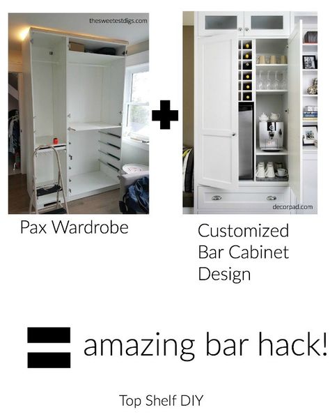 Pax Wardrobe would provide an excellent built in ikea bar hack opportunity! Built In Bar Cabinet With Wine Fridge, Ikea Bar Hack, Mom Cocktails, Ikea Bar Cabinet, Diy Dry Bar, Bar Storage Cabinet, Bar Cabinet Design, Ikea Pax Hack, Ikea Bar