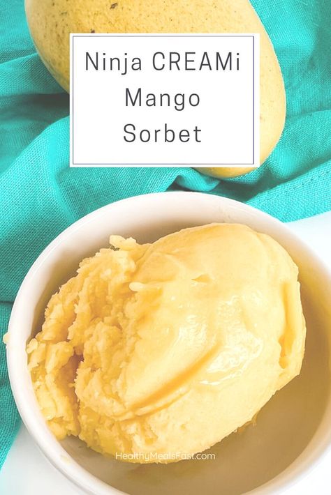 Text "ninja CREAMi Mango Sorbet" above a bowl of mango sorbet Ninja Creami Mango, Mango Popsicle Recipes, Mango Sorbet Recipe, Ninja Ice Cream Recipe, Strawberry Frozen Yogurt, Ninja Creamy, Ninja Ice Cream, Frozen Yogurt Recipes, Sorbet Is