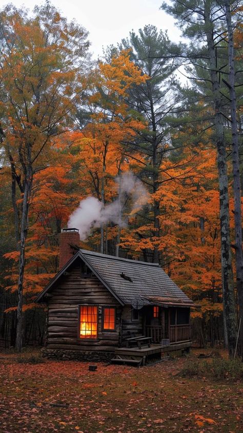 Cozy wooden cabin in autumn forest with vibrant foliage, smoke coming from chimney, and lit window casting warm glow. Serene retreat in nature. Cabin Style Homes, Little Cabin In The Woods, Cabin Aesthetic, Wooden Cabin, Forest Cottage, Cabin In The Mountains, Backyard Buildings, Forest Cabin, Nature Camping