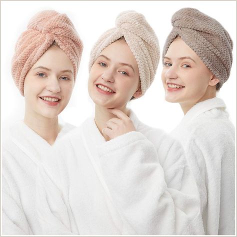 ELLEWIN Hair Towel Wrap 3 Pack, Microfiber Hair Drying Shower Turban with Buttons, Super Absorbent Quick Dry Hair Towels for Head Towel Wrap, Microfiber Towel Hair, Hair Towels, Women Towel, Hair Towel Wrap, Bath Wrap, Hair Drying, Hair Turban, Towel Wrap