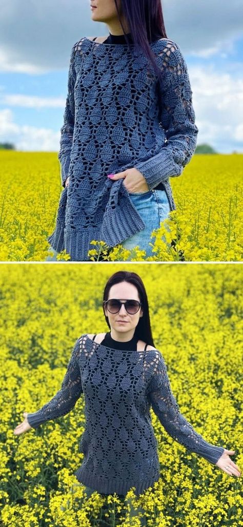 Beautiful Feminine Crochet Sweaters - Pattern Center Crochet Long Sleeve Shirt Free Pattern, Super Fine Crochet Pattern, Crochet Sweater Pattern Free Oversized, Crocheted Sweaters Free Pattern, Crochet Womens Tops, Free Crochet Sweater Pattern, Long Sleeve Tunic Pattern, Free Crochet Patterns For Women, Crochet Jersey