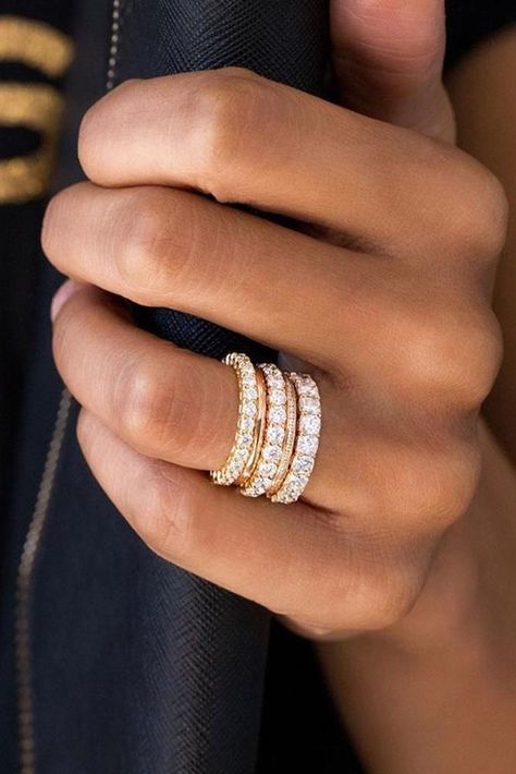 Stackable Diamond Rings Eternity Bands, Two Diamond Wedding Bands, Gold And Diamond Ring Stack, Stackable Gold Wedding Bands, Gold Diamond Bands For Women, Diamond Band Stacked Rings, Diamond Band Engagement Ring Stacked, Diamond Gold Wedding Bands, Right Hand Ring Stack