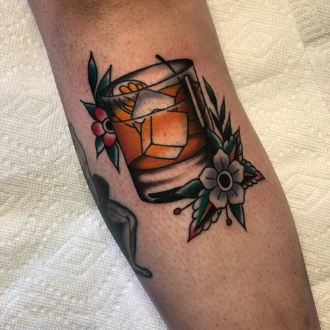 Old Fashioned Tattoo, Land Tattoos, Old School Tattoo Sleeve, Beer Tattoos, Icon Tattoo, Colored Tattoo Design, Fashion Tattoos, Old Fashioned Drink, Traditional Style Tattoo