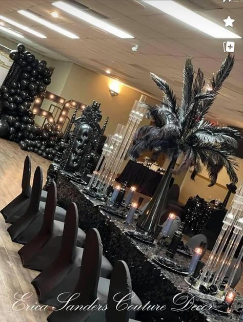 All Black Party, Black Party Decorations, Dark Wedding Theme, Gatsby Themed Party, Birthday Dinner Party, Gold Party Decorations, Birthday Party Theme Decorations, Dark Wedding, Rose Gold Party