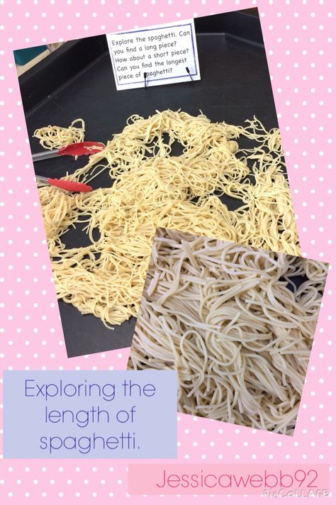 Exploring length with cooked spaghetti in the sensory area. EYFS Measuring Length Activities, Sensory Area, Measurement Lessons, Teaching Measurement, Maths Eyfs, Reception Class, Maths Area, Measurement Activities, Eyfs Activities