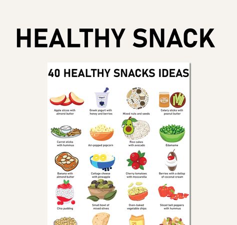 Healthy Snack Ideas, Snack Recipes - PDF to Download and Print - A List of Simple Snacks for Adults, Easy to Prep Snacks,  Teens, and Work Are you searching for simple and tasty snack recipes to enhance your diet? Look no further! Our Ultimate Healthy Snack Guide is here to support you on your journey toward healthier eating habits. This downloadable PDF guide features a handpicked selection of nutritious snacks perfect for managing your diet and promoting overall well-being. If you aim to simpl Best Snacks To Buy, Healthy Snack List, Healthy After School Snacks, Snacks For Adults, Prep Snacks, Simple Snacks, Butter Carrots, Healthy Snacks To Buy, Vegetable Chips