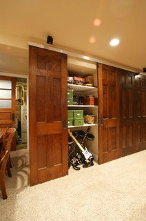 Basement Storage Doors- hide mini kitchen behind 1 door, storage behind other 2? Storage Closet Ideas, Basement Storage Closet, Basement Storage Cabinets, Basement Closet, Basement Laundry Room, Game Room Basement, Basement Storage, Small Basements, Basement House