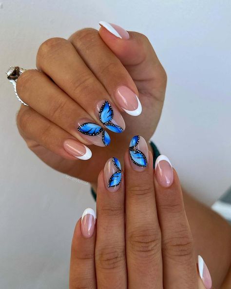 1. Blue Butterfly Nails, Round Nail Designs, Almond Acrylic Nails Designs, Butterfly Nail Designs, Butterfly Nails, Butterfly Nail Art, Vibrant Nails, Blue French, Almond Acrylic Nails