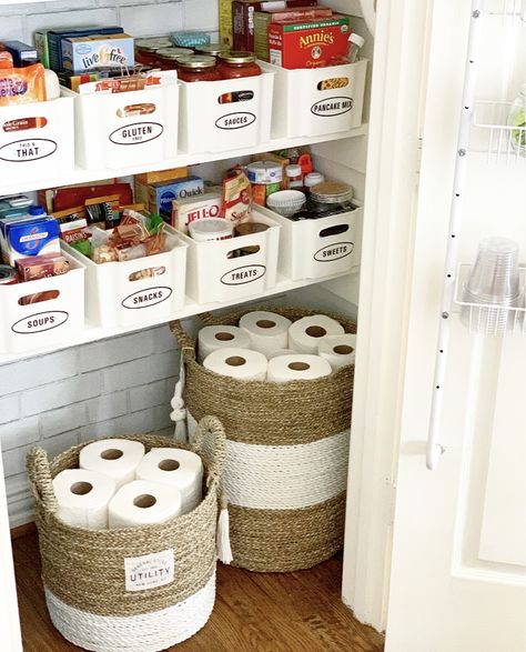 5 Easy Tips to Help Organize your Pantry - Crisp Collective Pantry Organization Paper Towels, Paper Products Organization, Bins For Pantry Organization, Pantry Organization Bins, Paper Towel Organization, Pantry Bins Organization, Easy Pantry Organization, Paper Towel Storage Pantry, Toilet Paper Organizer