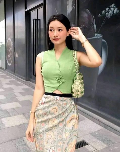 Burmese Dress Design, Myanmar Outfit, Burma Dress, Dress Designs For Girls, Myanmar Fashion, Burmese Dress, Pretty Dresses Casual, Myanmar Girl, Myanmar Clothes