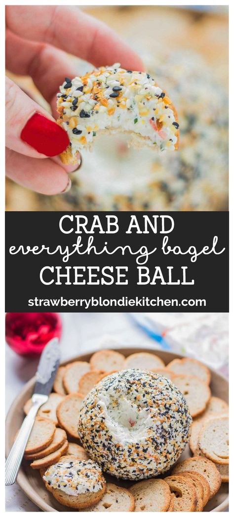 This Crab and Everything Bagel Cheese Ball is packed with crab, fresh herbs and rolled in everything bagel seasoning.  An appetizer worthy of your next get together! | Strawberry Blondie Kitchen Everything Bagel Cheese Ball, Strawberry Blondie, Keto Sides, Everything Bagel Seasoning, Bagel Seasoning, Easy Appetizers, Cheese Ball Recipes, Amazing Appetizers, Crab Recipes