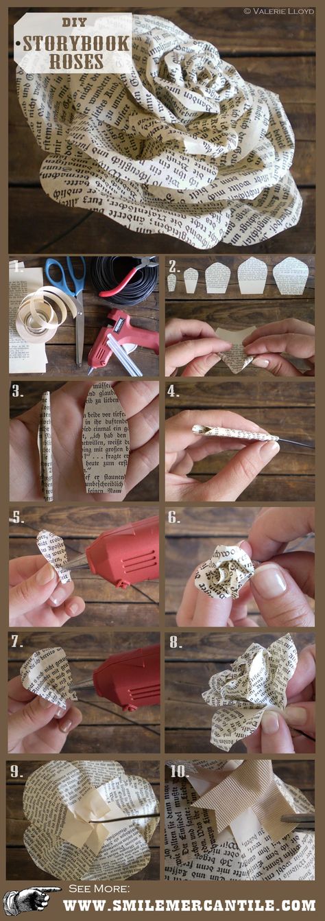 Paper Flower Tutorial: Storybook Paper Roses – Smile Mercantile Craft Co. Diy Paper Crafts Ideas, Paper Flower Centerpieces, Page Crafts, Creative Centerpieces, Paper Crafts Ideas, Flower Girls Dress, Fleurs Diy, Large Paper Flowers, Tissue Paper Flowers