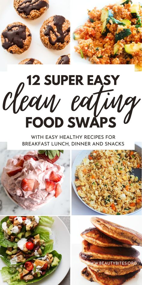 Start a healthier lifestyle with these easy clean eating food swaps including healthy recipes for breakfast, lunch, dinner and snack ideas. These simple diet changes will help you stay on track, so you can lose weight and feel great. Healthy Swaps Food, Food Swaps Healthy, Beauty Bites, 10 Healthy Foods, Healthy Food Swaps, Food Swaps, Clean Eating For Beginners, Healthy Swaps, Budget Recipes