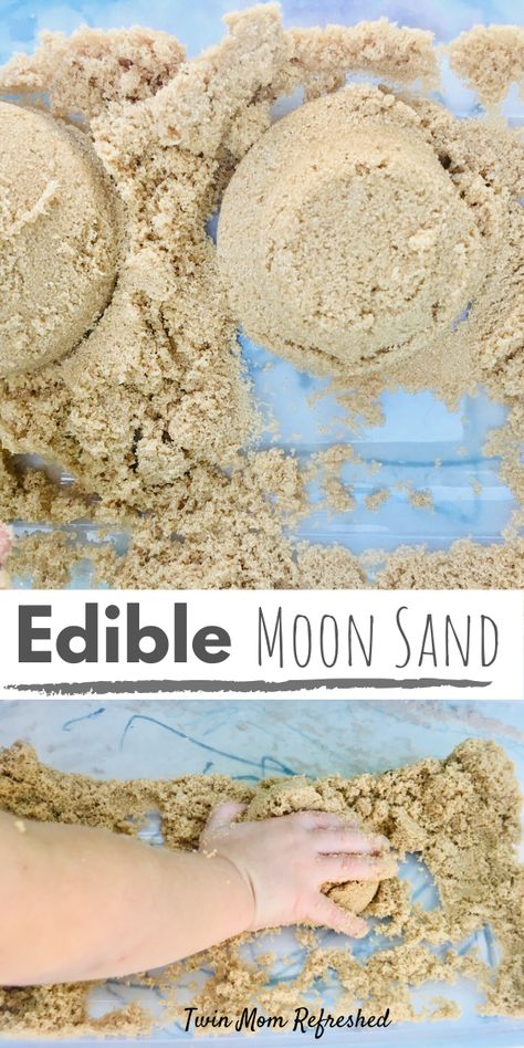 Moon Sand Recipe, Edible Sensory Play, Diy Moon Sand, Sand Recipe, Diy Kinetic Sand, Activities For One Year Olds, Sands Recipe, Sensory Play Toddlers, Diy Moon