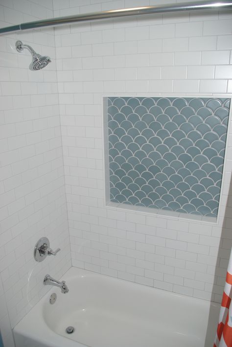 Mermaid Shower Tile, Kids Shower Tile, Mermaid Tile Shower Ideas, White Scalloped Tile Bathroom, Fish Scale Tile Bathroom Showers, Bathroom Scallop Tile, Bathroom Mermaid Tile, Mermaid Tile Bathroom, Blue Scallop Tile Bathroom