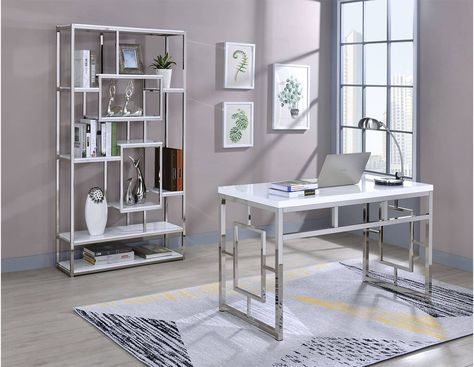 Steve Silver Furniture, White Writing Desk, Metal Bookcase, White Bookcase, White Shelves, Etagere Bookcase, White Laminate, White Desks, Office Set