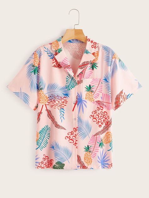 Tropical Print Notched Neck Blouse | SHEIN Mens Preppy Outfits, Creepy Cute Fashion, Tropical Prints, Fashion Goals, Canterbury, Outfit Summer, Summer Clothes, Girls Fashion, Trouser Jeans