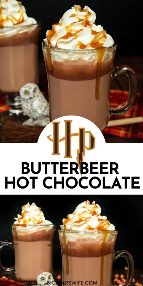 This charming ButterBeer Hot Chocolate is inspired by the famous ButterBeer from The Three Broomsticks Hog's Head and The Leaky Cauldron in the Harry Potter novels and movies. It’s the perfect combination of hot chocolate and butterscotch! The Three Broomsticks, The Leaky Cauldron, Hot Drinks Recipes, Three Broomsticks, Leaky Cauldron, Hot Chocolate Drinks, Hot Chocolate Bars, Winter Drinks, Hot Chocolate Recipes