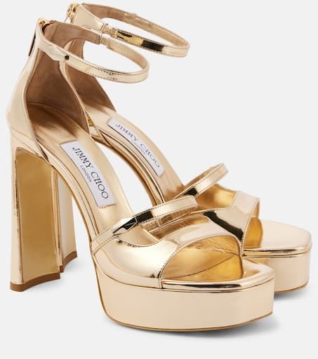 Claressa metallic leather platform sandals in gold - Jimmy Choo | Mytheresa Gold Chunky Heels, Pop Shoes, Bridal Clutch Bag, Minimal Shoes, Jimmy Choo Gold, Mid Heel Boots, Bridal Bag, Mid Heel Sandals, Leather Platform Sandals