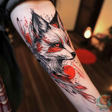 Japan Fox Tattoo, Japanese Fox Tattoo Design, Japanese Fox Tattoo, Kitsune Tattoo Design, Fox Tattoo Men, Tattoo Ideas For Men Meaningful, Forearm Tattoo Ideas For Men, Blue Dragon Tattoo, Kitsune Tattoo