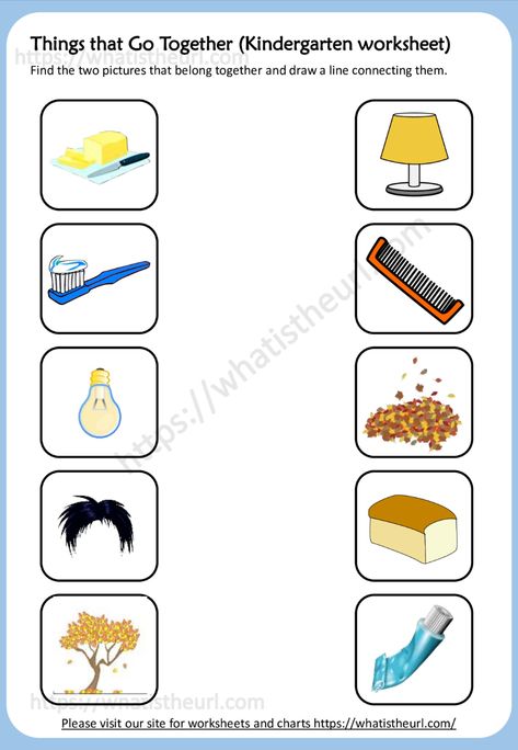 This worksheet has 2 pages to print.  The first page has the questions.  You can see list of images on left side and then right side.  The students will find the right image that goes together with the left side images.  Then, they will draw line between them.Please download the PDF Things that go together – matching worksheet Things That Go Together, Kindergarten Reading Worksheets, Matching Worksheets, Work Sheet, Diy Tutu, Things That Go, Teacher Worksheets, Reading Worksheets, English Worksheets