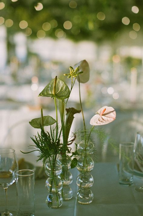 Pothos Table Centerpiece, Artistic Wedding Decor, Nonfloral Centerpiece Ideas, Florist Reference, Green Wedding Tablescape, Botanical Wedding Decor, Bud Vases Wedding, Funky Vases, Bud Vases Flowers