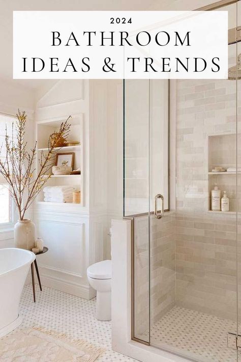 A look at bathroom trends for 2024, with design and decor ideas for master bathrooms, powder rooms, small full bath ideas, vanity cabinets, room inspo, color trends, lighting, shower tile, mixed metals, and more - akb design studio Bathrooms Vanity Ideas, Main Bathroom Inspiration, Bathroom With Shower Next To Vanity, Bathroom Inspo Modern Farmhouse, Bathroom Minimalist Ideas, Non White Bathroom Ideas, Bathroom Decor Design, Beautiful Vanity Ideas, Award Winning Bathrooms