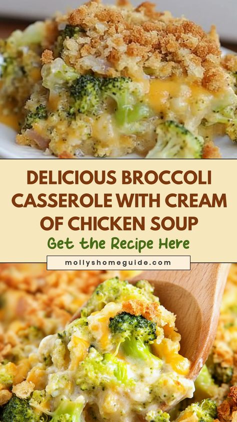 Indulge in a comforting and satisfying dish with this flavorful broccoli casserole featuring creamy goodness from the cream of chicken soup. This recipe is perfect for those busy weeknights or when you're craving some homemade comfort food. The combination of tender broccoli florets, savory seasonings, and rich, creamy sauce will have your taste buds dancing with joy. Chicken And Cream Soup Recipes, Best Chicken And Broccoli Casserole, Chicken Casserole With Cream Of Chicken, Broccoli Casserole With Cream Of Chicken, Chicken Broccoli Cream Of Chicken, Chicken And Cream Of Celery Recipes, Chicken Stuffing Broccoli Casserole, Broccoli Casserole With Cream Of Mushroom Soup, Chicken And Broccoli Soup Recipes