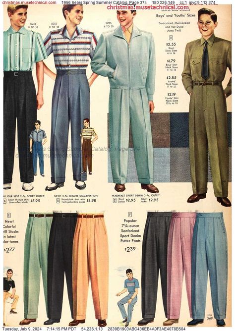 1956 Sears Spring Summer Catalog, Page 374 - Catalogs & Wishbooks 50s Summer Fashion, 50s Fashion Men, 1950s Fashion Menswear, 1950s Mens Fashion, 50s Outfits, 1950s Mens, Sears Catalog, 1950s Outfits, Preppy Men