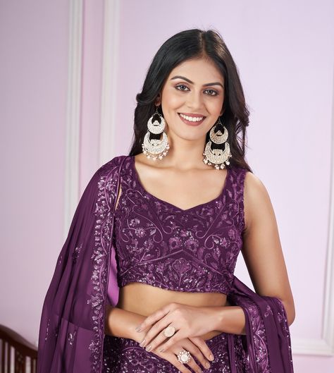 Let the royal vibes flow with this purple chaniya choli! The sequins embroidery work on lehenga and ethnic design in the blouse make it a standout piece.💜 Paired with a georgette dupatta, it’s the perfect example of elegance and grace SHOP NOW 🛍️ gotifab.com [designer lehengas,Indian wedding dresses , Indian wedding lehengas , wedding lehenga choli for women,purple dresses, purple lehengas] #indianweddingdress #purplelenghacholi #purplelehenga #indianstyleblogger #chaniyacholi #gotifab Flair Lehenga, Sabyasachi Lehengas, Heavy Blouse, Purple Lehenga, White Bustier, Lengha Choli, Lehenga Wedding, Lehenga Style, Lehenga Choli Online