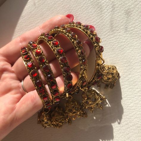 Straight From Mumbai, Gorgeous Celebratory Bangles For Little Girls Size - 2” Diameter 4 Golden Colored Pieces With Red Stones 1 Golden Color Piece With Orange Stones 2 Pieces - $5 5 Pieces - $10 Pop It In A Bundle And Let Me Know How Many Pieces You Wantmix N Match For Greater Savings!! Smoke Free Home Fast Shipper Jade Braids, Fancy Bangles, Heavy Jewellery, African Bangles, Golden Bangles, Shopping Link, Plastic Bangles, Princess Jewelry, Red Stones