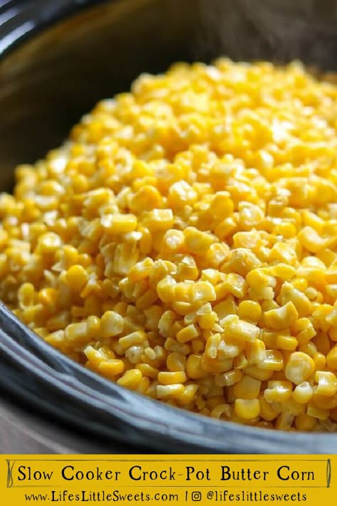 Slow Cooker Crock-Pot Butter Corn is the easiest side dish you could possibly have for Thanksgiving, Christmas, Holiday gatherings, or any dinner. All you need is frozen corn, unsalted butter, salt, pepper, and any optional seasonings. This side dish is also a kid-friendly favorite recipe! (vegetarian, vegan option) #butter #corn #frozencorn #Thanksgiving #Christmas #holiday #easy #recipe #sides #slowcooker #crockpot Crockpot Buttered Corn, Corn Side Dish Crockpot, Frozen Corn In The Crockpot, Crockpot Corn Recipes Slow Cooker, Corn In A Crockpot, Corn In The Crockpot, Frozen Corn In Crockpot, Crockpot Corn Recipes, Corn In Crockpot