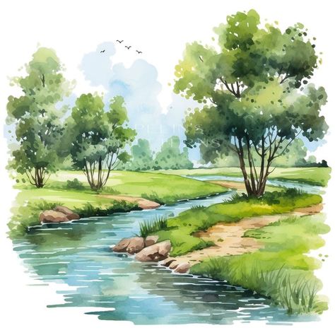 Nature Watercolour Painting, Easy Watercolour Landscapes, Water Colours Painting Landscape, Drawing Nature Watercolor, Scenery Watercolor Paintings, Watercolor Art Projects, Water Colour Painting Watercolour, Nature Watercolor Paintings, Natural Scenery Painting