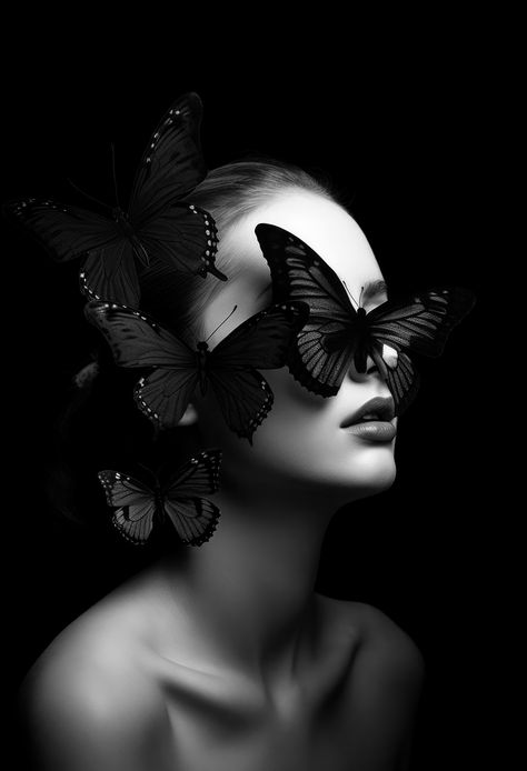 Black Butterfly Photography, Butterfly On Face Photography, Black And White Butterfly Photography, Woman Butterfly Art, Black And White Woman Aesthetic, Black And White Photography Black Women, Woman Face Photography Black And White, Face Covered Photography, Black And White Photography Aesthetic