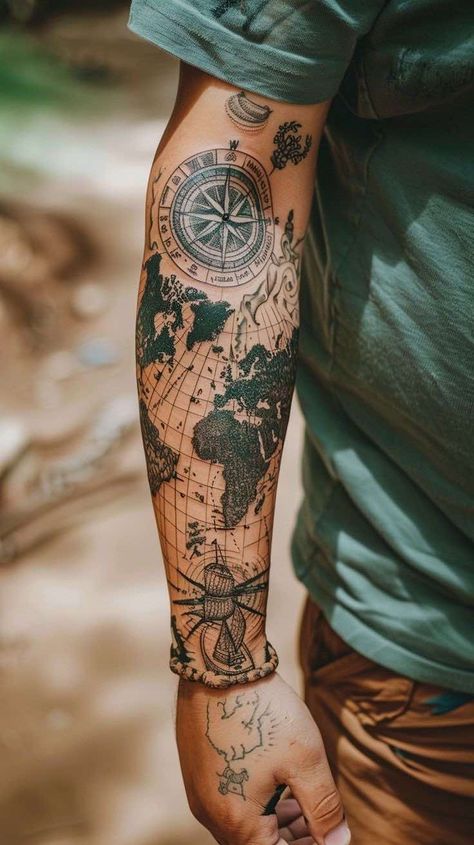 World Map And Compass Tattoo, Latitude And Longitude Tattoo Ideas, Nautical Arm Sleeve, Antique Map Tattoo, Men S Sleeve Tattoo, Hot Mens Tattoo, Map Back Tattoo, Maps Tattoo Ideas, Topography Map Tattoo