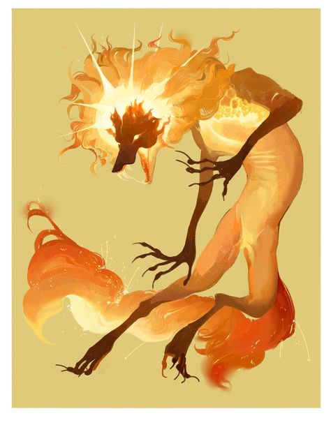 Sun Monster Art, Fire Creature Concept Art, Sun God Character Design, Sun Monster, Fox Person, Fire Creature, Fox God, Fox Character, Cute Kawaii Animals