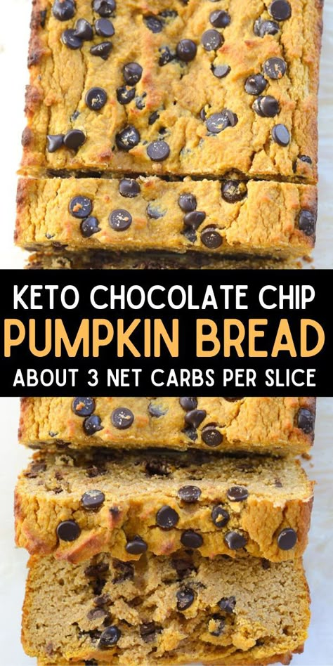 2 reviews · 55 minutes · Vegetarian Gluten free · Serves 1 · This moist, flavorful Low Carb Chocolate Chip Pumpkin Bread has about 3 net carbs per slice! This is the perfect sweet snack or breakfast with a warm cup of coffee! #keto #pumpkin #lowcarb Pumpkin Bread Keto, Low Carb Pumpkin Bread, Keto Pumpkin Bread, Low Carb Pumpkin Recipes, Coffee Keto, Bread Keto, Chocolate Chip Bread, Low Carb Low Fat Recipes, Pumpkin Chocolate Chip Bread