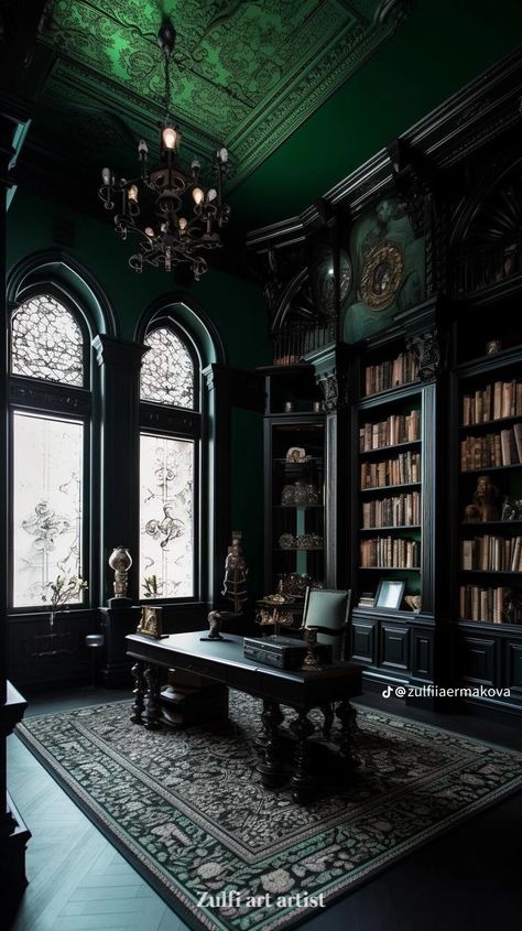 Slytherin Office, Forest Room Aesthetic, Hogwarts Bedroom, Gothic Home Interior, Gothic Decor Bedroom, Dark Home Decor, Dark Home, Gothic Design, Ornate Furniture