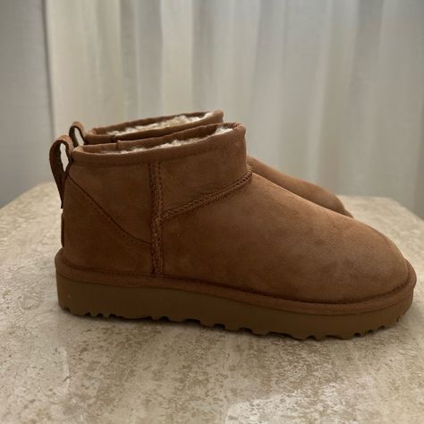 Brand New Ugg Classic Ultra Mini Boots In Chestnut In Size 6. Sold Out Online. Original Box And Packaging Included. Brown Ultra Mini Ugg, Ugg Mini Taupe, Ugg Classic Mini Ii Brown, Classic Mini Uggs, Ugg Boots Classic Mini, Ugg Classic Mini Brown, Cream Espadrilles, Tall Uggs, Calf High Boots