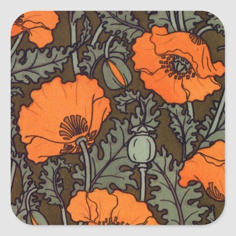 Art Nouveau Red Poppies Square Sticker | Zazzle Poppies Art Nouveau, Art Deco Poppy, Red Aesthetic Square, Torch Illustration, Art Nouveau Poppy, Poppies Art, Nouveau Flowers, Nouveau Tattoo, Logos Retro