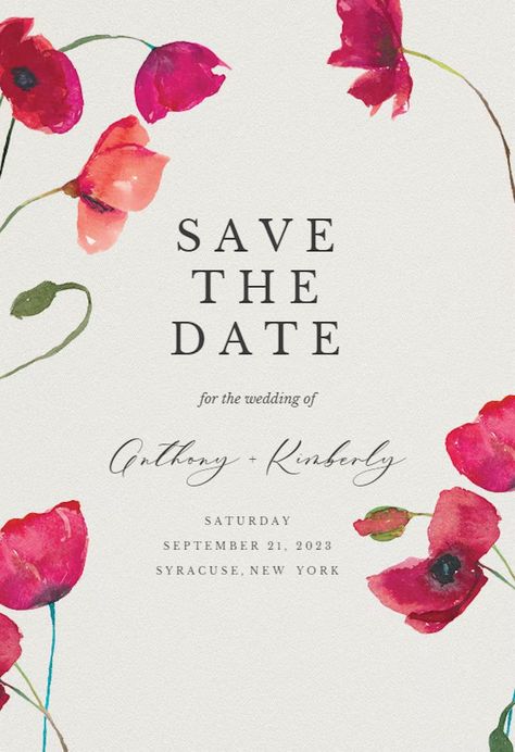 Red poppies - Save the Date Card Template (Free) | Greetings Island Card Template Free, Greetings Island, Floral Save The Dates, Card Templates Free, Save The Date Templates, Save The Date Card, Watercolor Invitations, Wedding Card Design, Save The Date Invitations