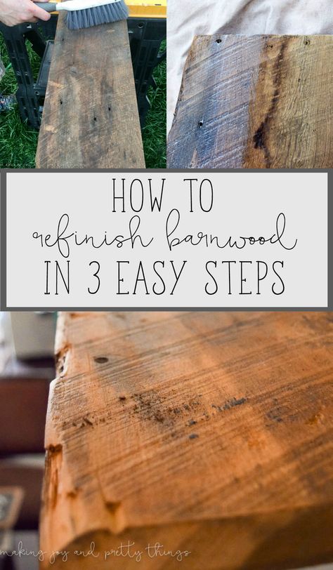 How to clean and refinish barnwood in 3 easy steps. Great tutorial on how to get the farmhouse look by cleaning up some reclaimed wood or barnwood Barn Wood Projects, Barn Wood Crafts, Old Barn Wood, Reclaimed Wood Projects, Glass Cooktop, Deep Cleaning Tips, Diy Holz, Reclaimed Barn Wood, Into The Woods