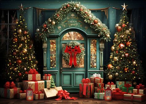 Red Christmas Flowers, Door Backdrops, Window Photography, Backdrops Kids, Christmas Tree With Presents, Christmas Photography Backdrops, Wall Photography, Elegant Christmas Decor, Christmas Backdrop