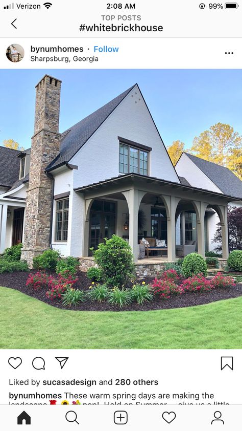 French Style Ranch Home Exterior, Tudor Front Porch Ideas, Stucco English Cottage, Arched Porch Columns, Front Porch Arches Columns, French Farmhouse Exterior Cottages, Front Porch With Arches, Arched Front Porch Columns, Front Porch Arches