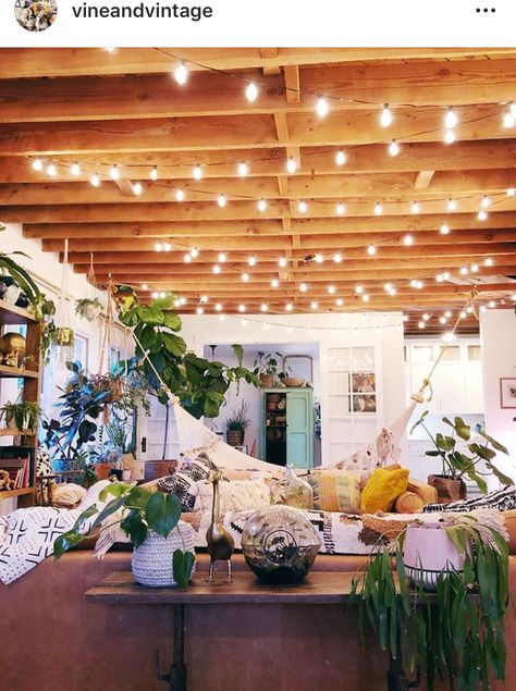 String Lights In Unfinished Basement, Rooms With String Lights, Unfinished Basement Game Room, Cozy Unfinished Basement, Small Basement Ideas Cozy, Living Room String Lights, Basement Upgrades, String Lights Living Room, Cheap Basement Remodel